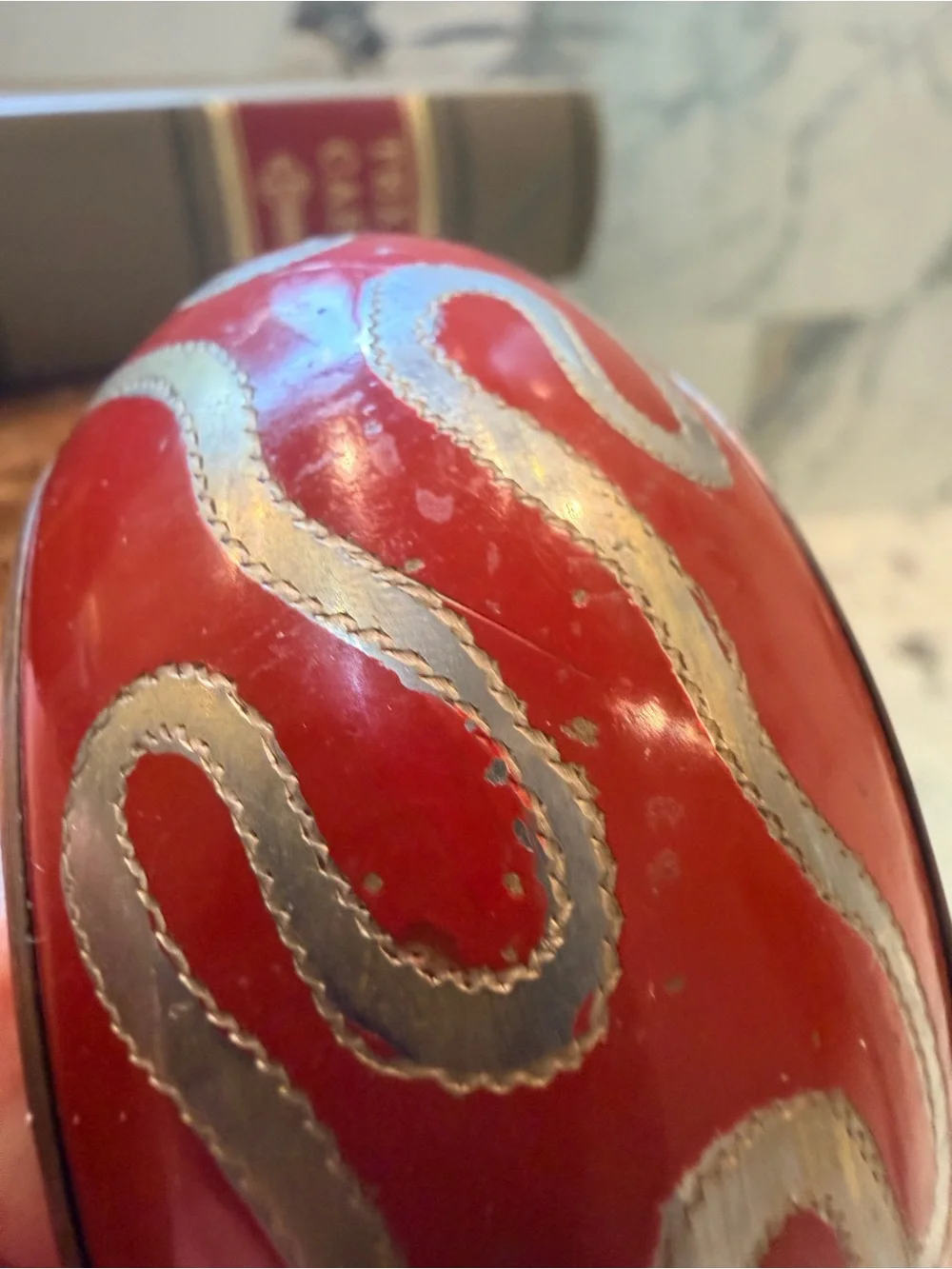 Vintage Red Copper Wide Bangle Bracelet Silver Tone Scrollwork